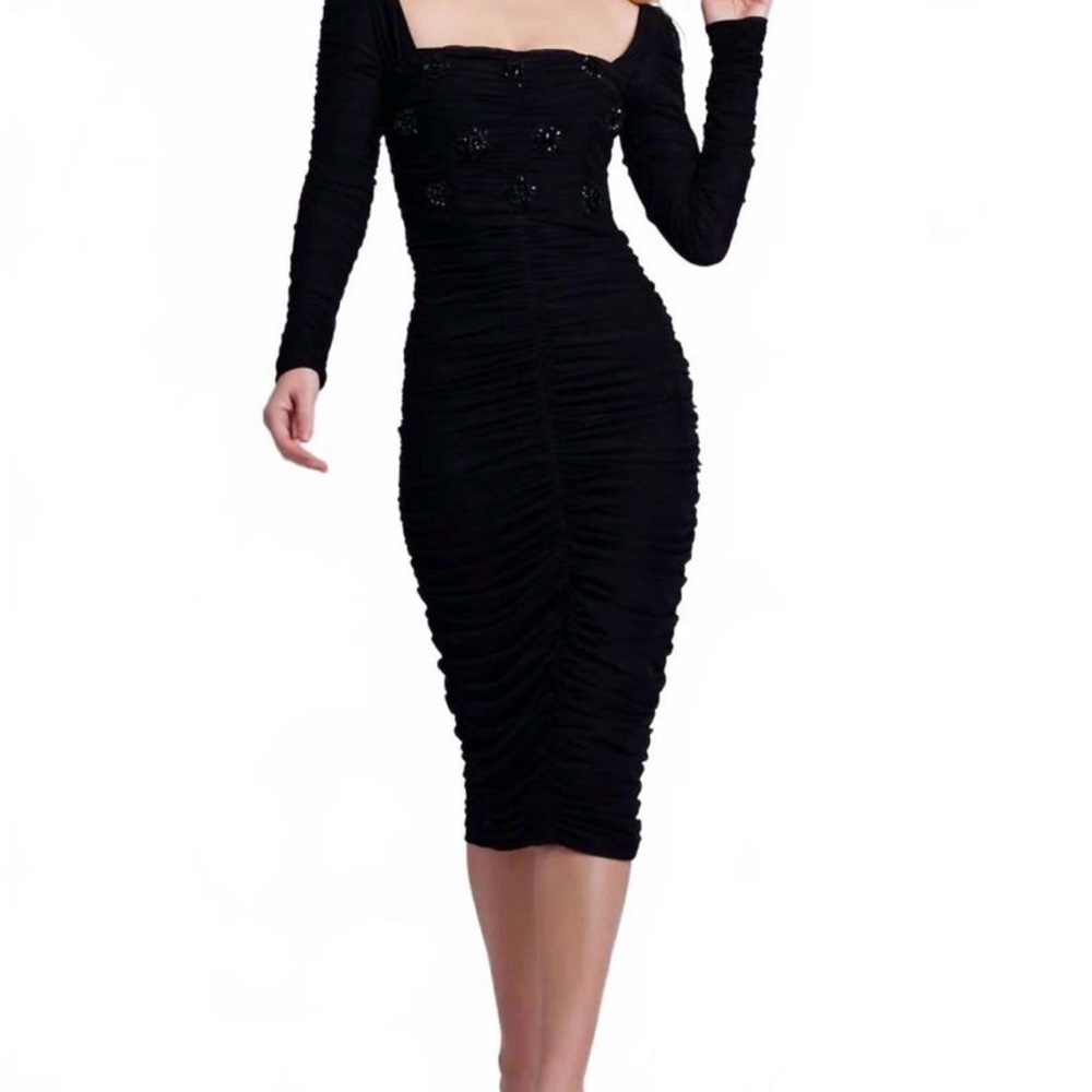 Hand-Beaded Stretch Tulle Midi Dress